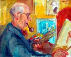 borststuk, hoofd en lichaam naar rechts (profil), kalend, met bril en pijp in de mond