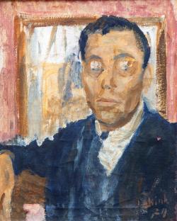 lichaam en hoofd naar links gericht, aanziend, in pak, schilderij op achergrond