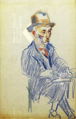 tekening, ten voeten uit, hoofd en lichaam naar rechts, zittend, wegziend, tekenend, benen over elkaar, hoed, in kostuum