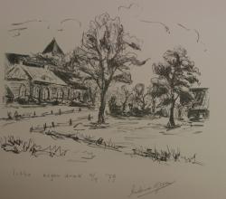 Andries Groen<br />Kerk met lage toren bij grasveld en bomen