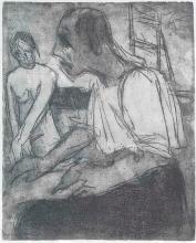 hoof en lichaam naar links, zittend, achtergrond naakt model