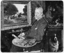 in atelier aan zichtbaar schilderij zittend werkend met palet en kwast in handen