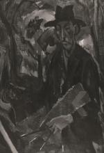 kniestuk, hoofd en lichaam naar links, staand voor ezel, wegziend, palet en kwasten in linkerhand, landschap in achtergrond