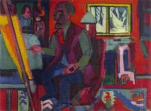 in atelier, zittend achter schildersezel met penseel in rechterhand