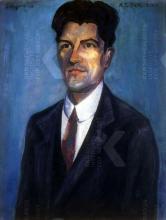 ten halven lijve, hoofd en lichaam naar links, wegziend, donker haar, met stropdas, in overhemd en kostuum