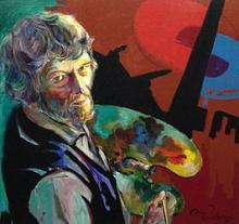 over schouder aankijkend, palet in linkerhand