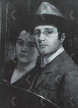 borststuk, aanziend, hoed, bril, palet, lichaam naar links gedraaid; hij, met hoed, vooraan