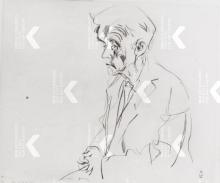 kijkend naar links, de handen bijeen op schoot