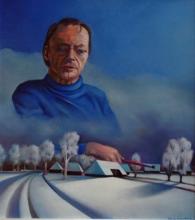 borststuk boven landschap, aanziend, blauwtinten