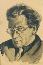 portret, hoofd en lichaam naar links gedraaid, wegkijkend, met bril